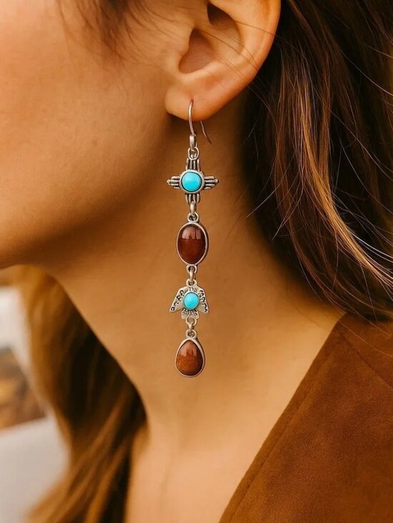 Vintage Jewelry - VINTAGE Turquoise Totem Dangle Earrings Boho Tribal Inspired Copper Goldstone